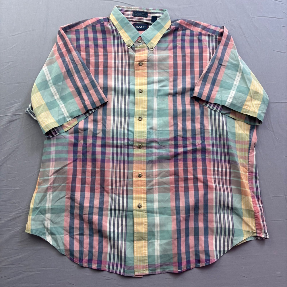 Gant‎ Mens 1X Big Pastel Plaid Short Sleeve Button Down Shirt Multi Color Cotton